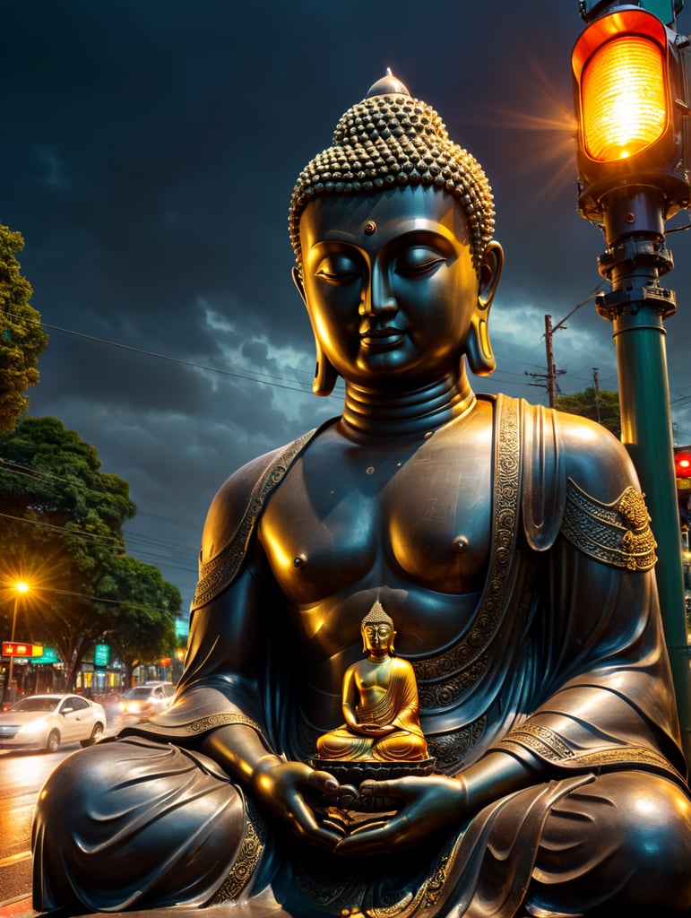 Create a statue of the Buddha sitting and in front of his eyes a traffic light in the foreground of the photo