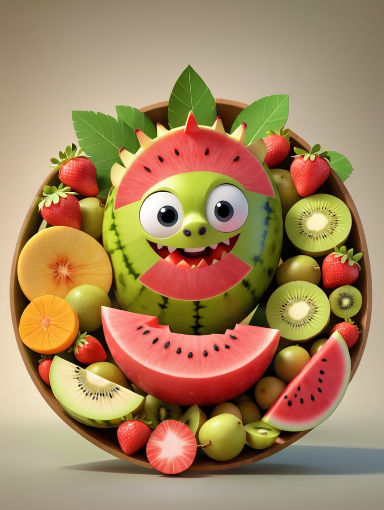 Colorful sliced fruit pieces, top view, watermelon, dragon fruit, kiwi, strawberry