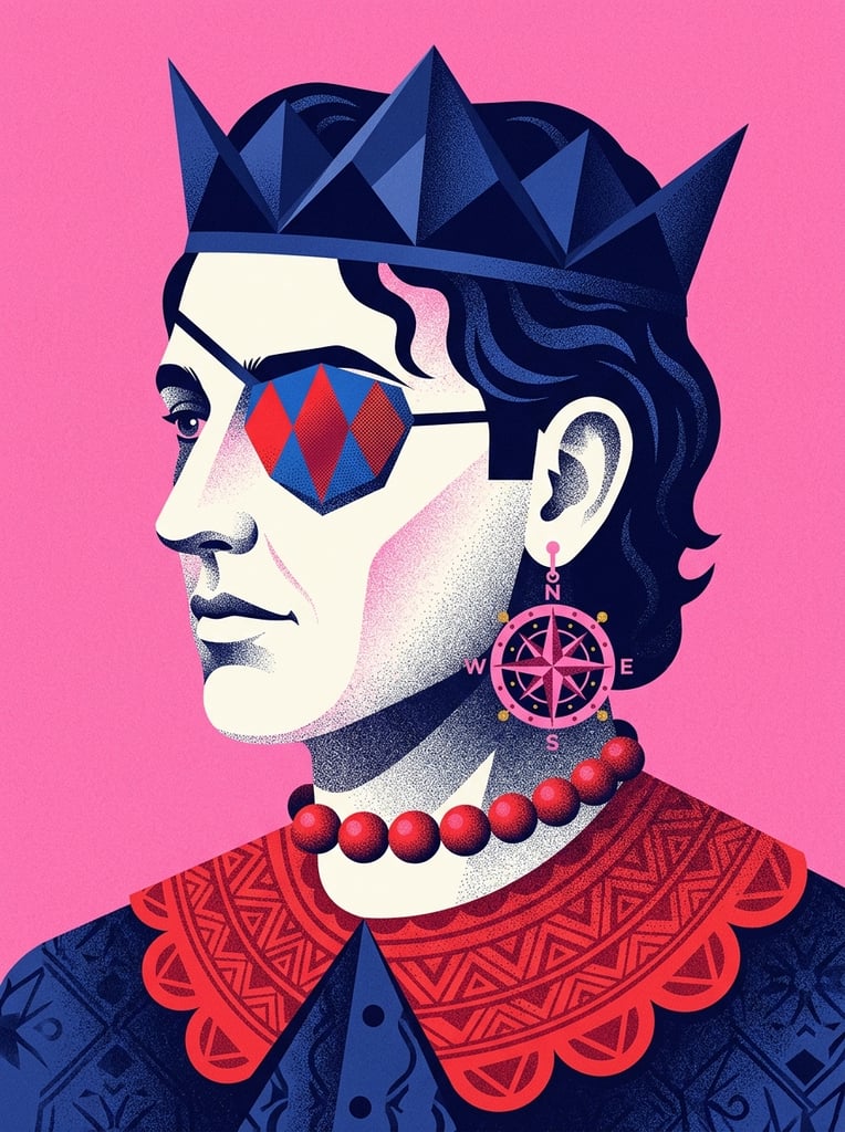 Profile portrait of a regal man facing left, solid pink background, dark blue geometric crown, red and blue diamond covering the eye, pink compass rose earring, dark wavy hair, pale skin, stippled gradient texture, red beaded choker, scalloped red collar, dark blue shirt, geometric vector illustration, surreal pop art, heavy grain