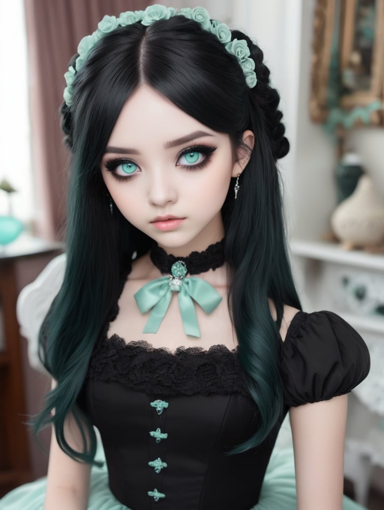 Cute goth girl with black dress black hair and seafoam eye colour