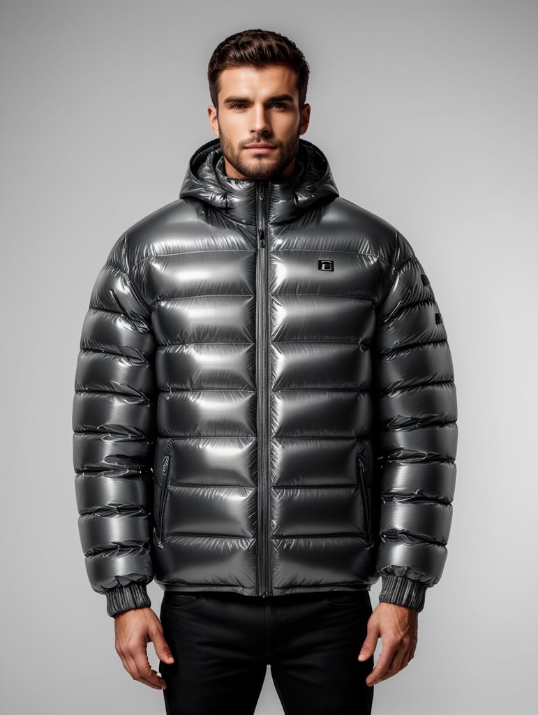 Inflatable chrome minimalist man's puffer jacket, transparent, isolated, grey background, mockup