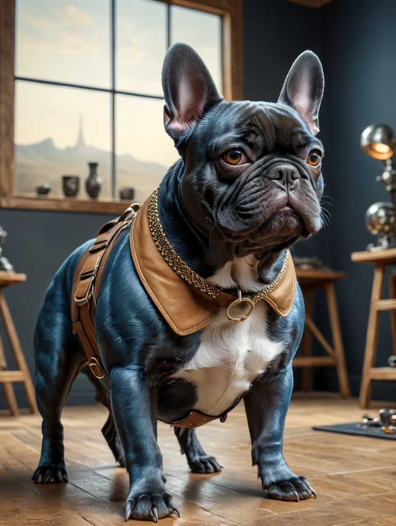 Blue and tan french bulldog with miscles looking cool standing in a plain studio