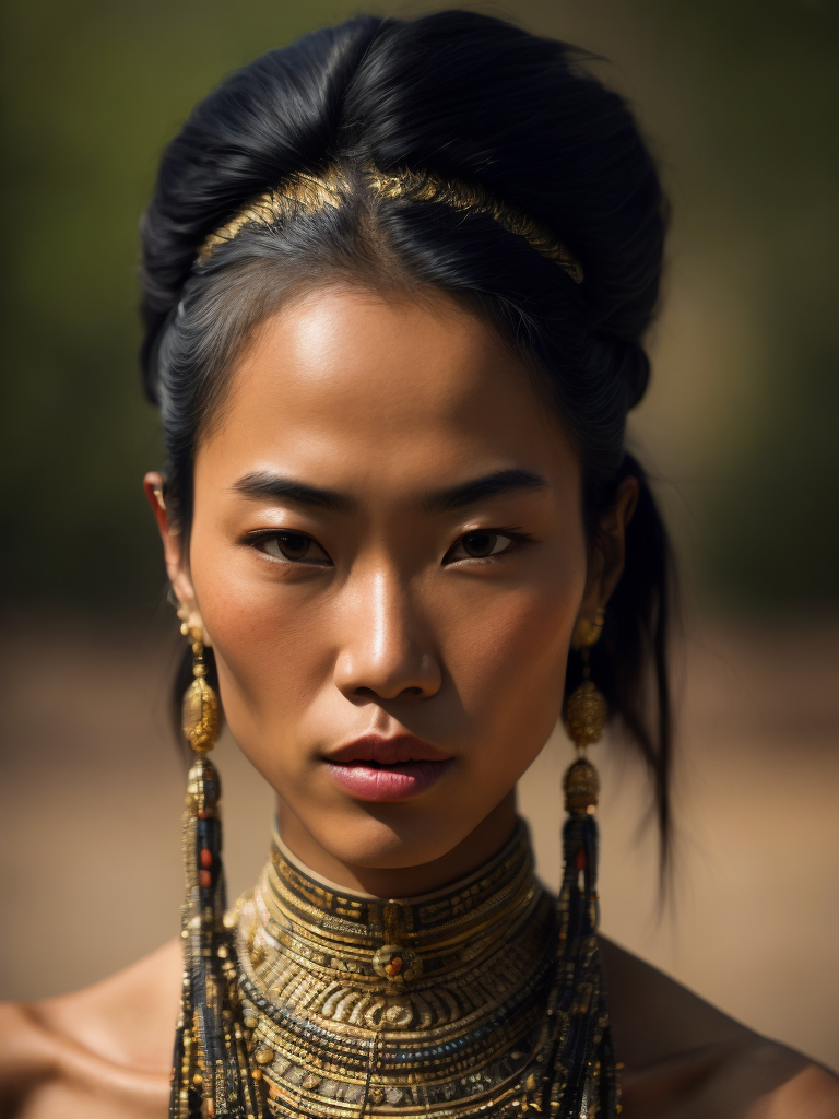Profile portrait of a stunningly beautiful light skinned asian tribal female, depth of field, zeiss lens, detailed, symmetrical, centered, fashion photoshoot, by annie leibovitz and steve mccurry, david lazar, jimmy nelsson, breathtaking, extremely detailed, beautiful, establishing shot, artistic, hyperrealistic, beautiful face, octane render, Blurred background