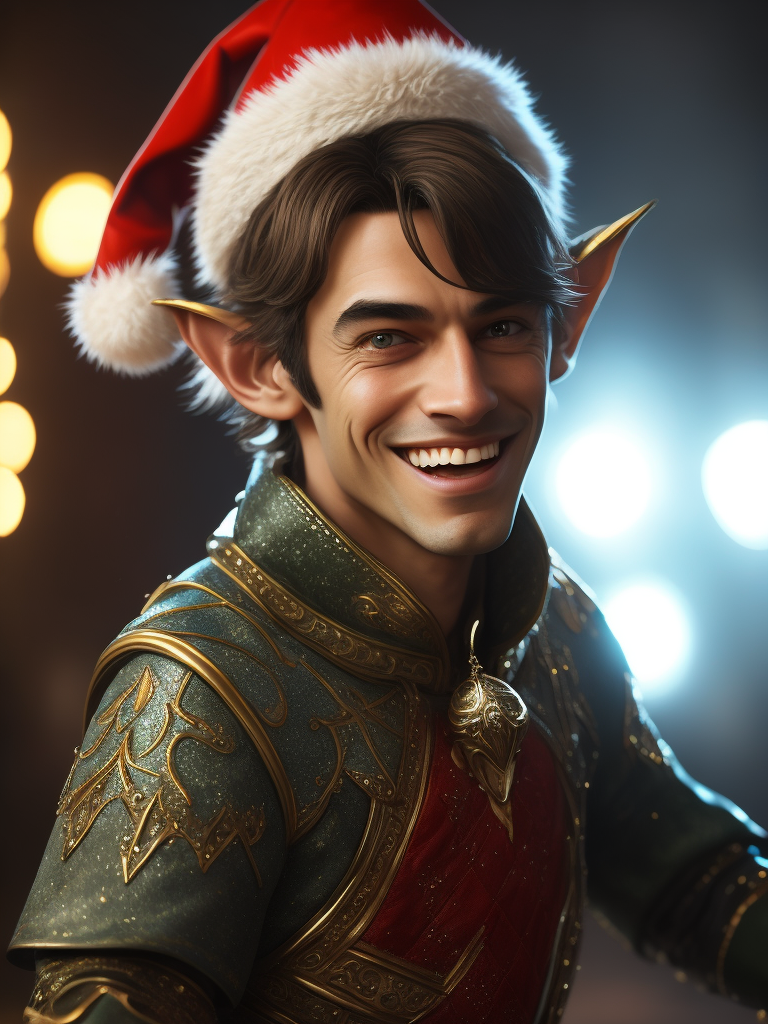 Please create a photo-realistic image of a Christmas elf, adorned in festive attire, smiling and dancing joyfully. The elf's outfit should be vibrant and detailed, capturing the essence of the holiday spirit. The expression on the elf's face should radiate happiness and merriment, with eyes sparkling with festive cheer. The elf's pose should convey movement and the joy of dance. The background of the image should be a solid, neutral color, ensuring the elf remains the primary focus and facilitating easy integration into other designs