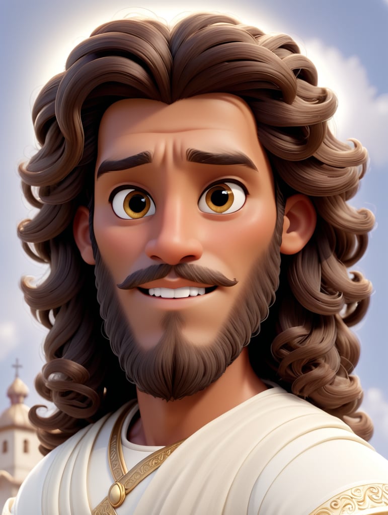 Jesus with middle eastern features, whose eyes a grey and whose skin is light brown, and long curly brown hair, with a puffy beard, and slightly muscular, with heaven behind him, wears a white dress.