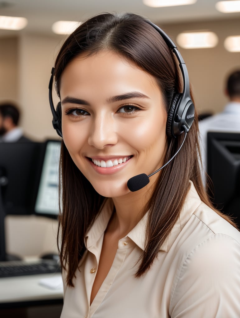 call center, young woman and smile in contact us with CRM, headset with mic, and mockup space. Customer service consultant, happy female, and telemarketing with sales and help desk.