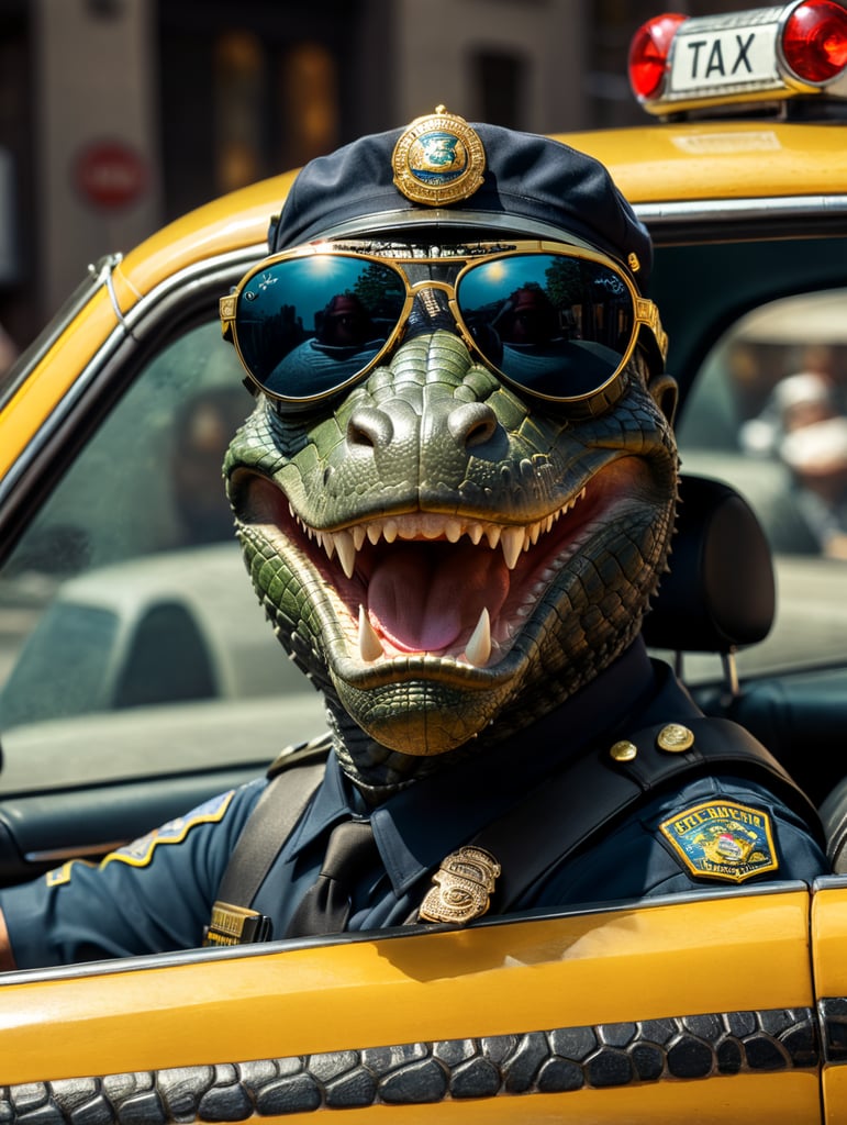 Alligator police officer, sitting behind the wheel of a taxi, close-up shot, sunglasses, clipart, stock photo