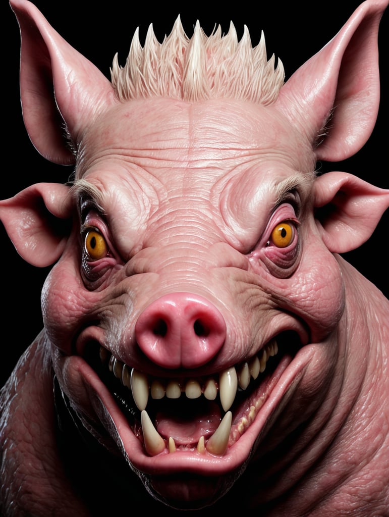 The strangest, scariest, pig-faced monster, horror feel, black background, realistic