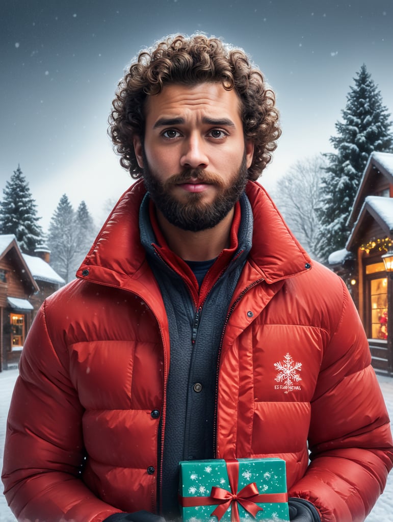 portrait of a bearded curly man wearing red puffer jacket, stands front camera with gift box his hand, snowy weather, Christmas time