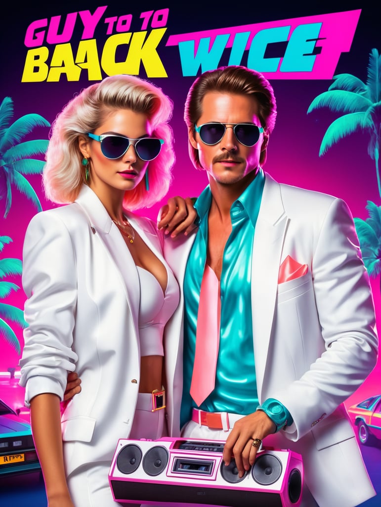 80's Back To The Future style retro party poster featuring guy and girl in white Miami vice suits, holding boom box, neon vibrant colours, synthwave, disco vibes,