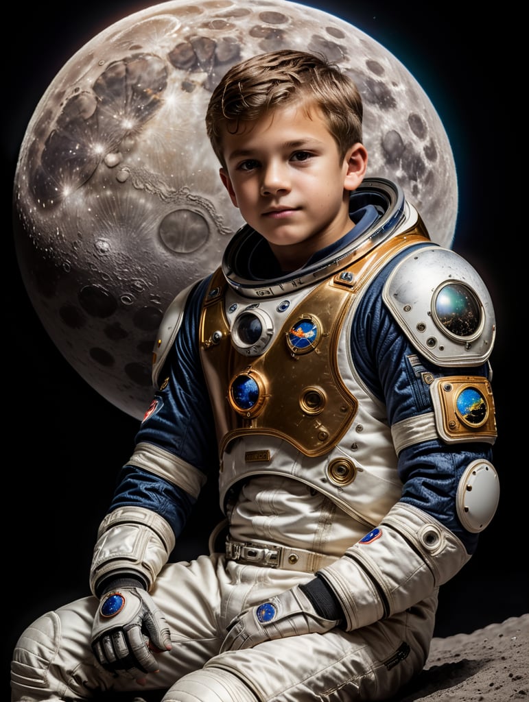 pre teen boy in space suit sitting on a small moon in outer space.