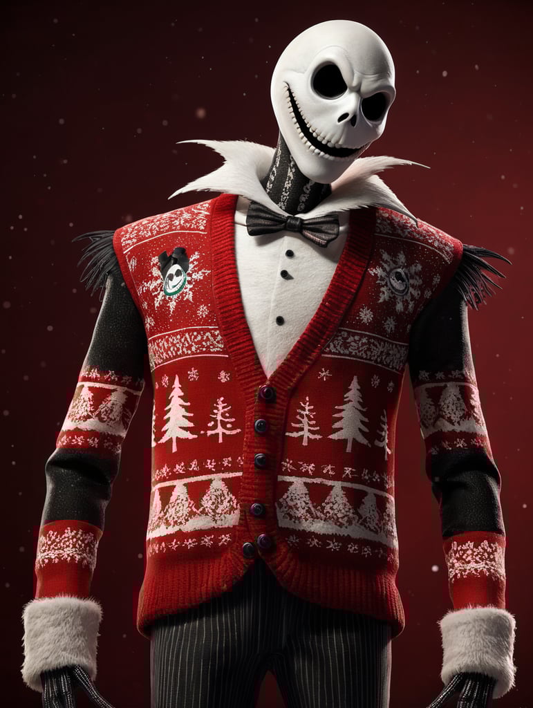 Jack Skellington standing wearing an ugly Christmas sweater red background