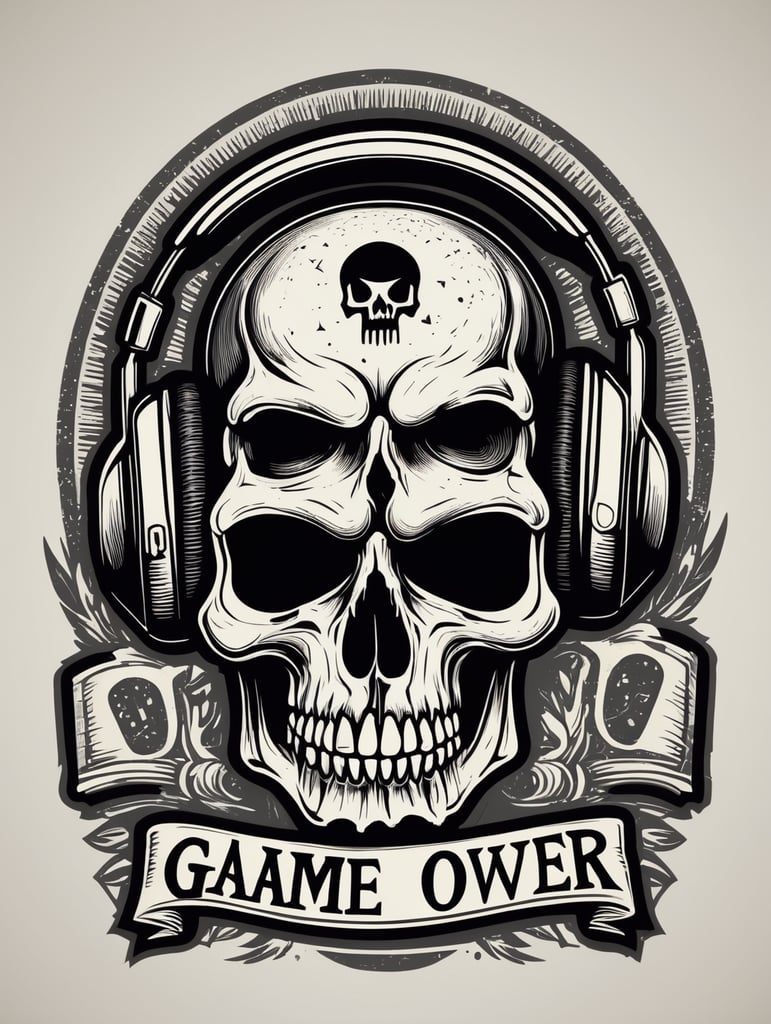 Black and white game over Skull Gaming Logo, linocut, vintage dead head or skull of gamer in headphones, vector image