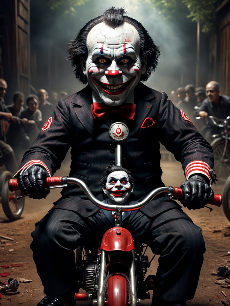 Billy the puppet from the movie saw drifting on his tricycle, highly detailed and resolution