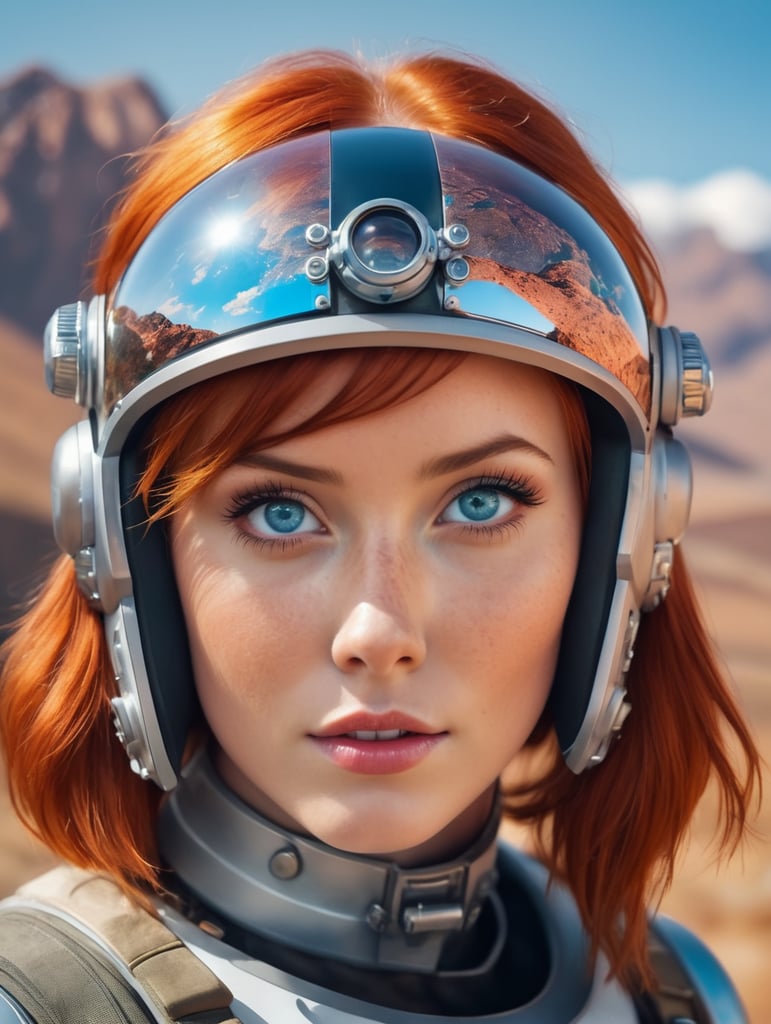 close up portrait three quarters, beautiful girl blue eyed red hair freckles looking up wearing futuristic astronaut helmet, amazed expression, sky and mountains background, sunny editorial lighting, vivid colors, detailed image