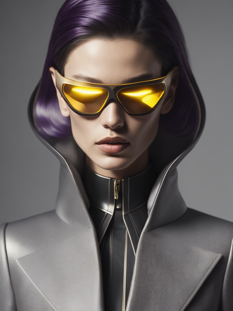 extremely detailed real photo with complex small details: thin beautifull super model in an elegant purple minimalistic suit couture, yellow details on uniform, clean grey color background, modern 1950's tight suit, wearing blow up sunglasses with futuristic see throug glass visor on top, hyper realistic, colored sharp lips, skin texture detailed, scifi, editorial fashion, Futuristic art, real person, futuristic fashion, sharp lines, light sources from above, cinematic lighting, smooth color grading, dynamic white, award winning photo, editorial photography, shot with PhaseOne camera