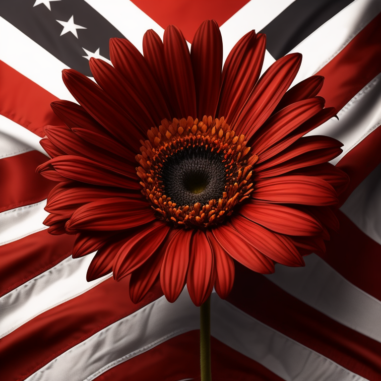 Red gerbera daisy on black background with American flag