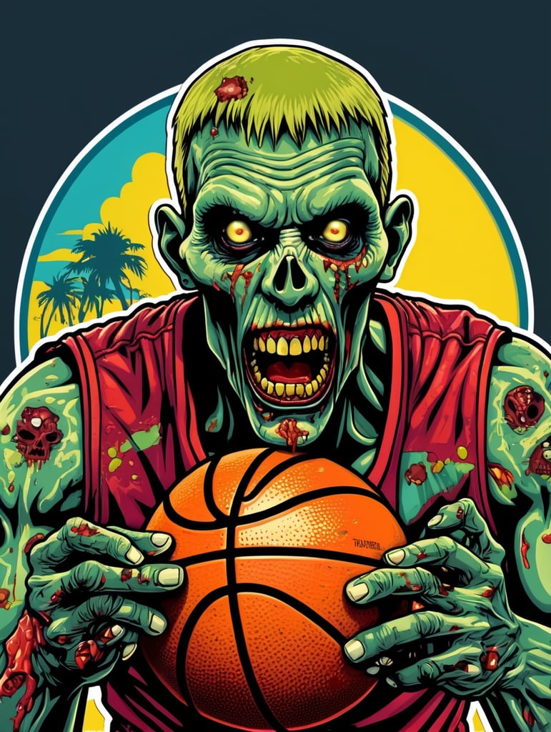 Pop art illustration, sticker, zombie basketball
