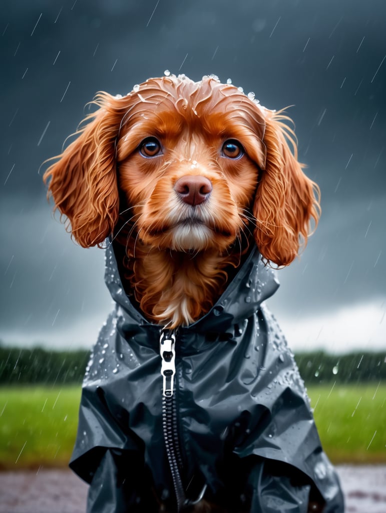 Photo of a soaked red cavapoo in a thunderstorm wearing a raincoat with cloudy sky and heavy rain, mystic, sad face