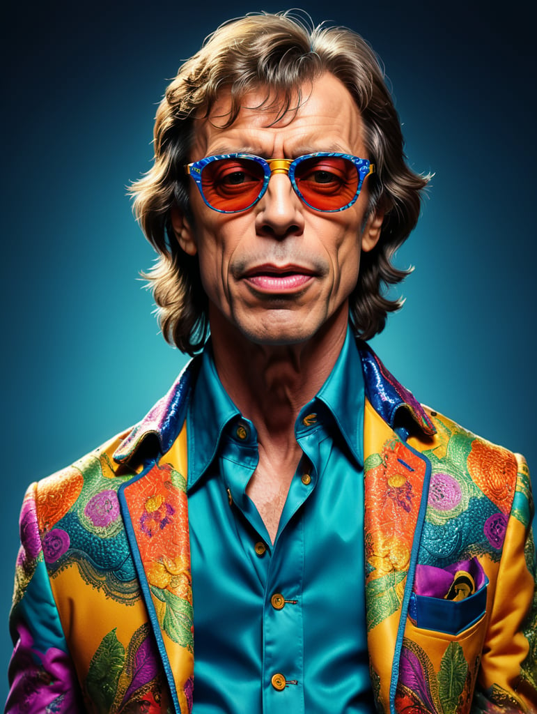 Mick Jagger wearing a brightly patterned jacket and wayfarer glasses, Vivid saturated colors, Contrast color