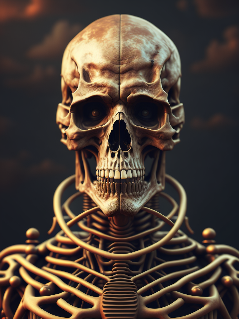 Portrait of a skeleton wearing a sui, gradient cloud background