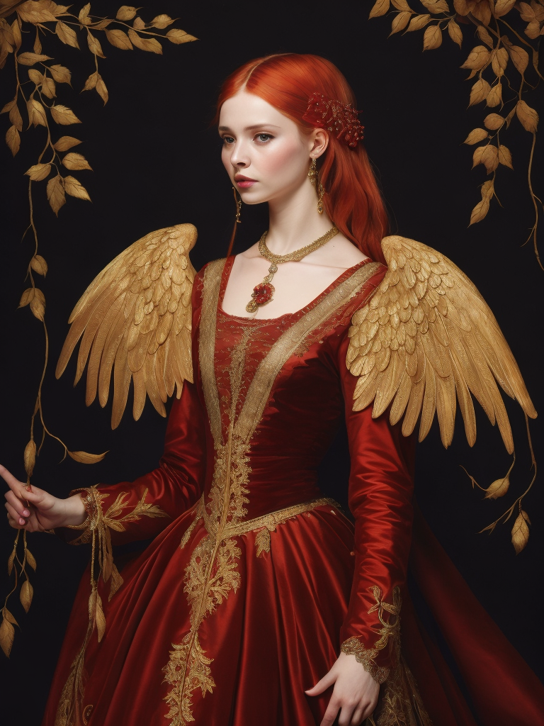A young girl with golden wings in a red velvet dress with golden embroidery, beads, expensive lace, with red hair, jewelry from the 15th century in her hair, a dark background with trees and castles, the style of Lucas Cranach the Younger, medieval style
