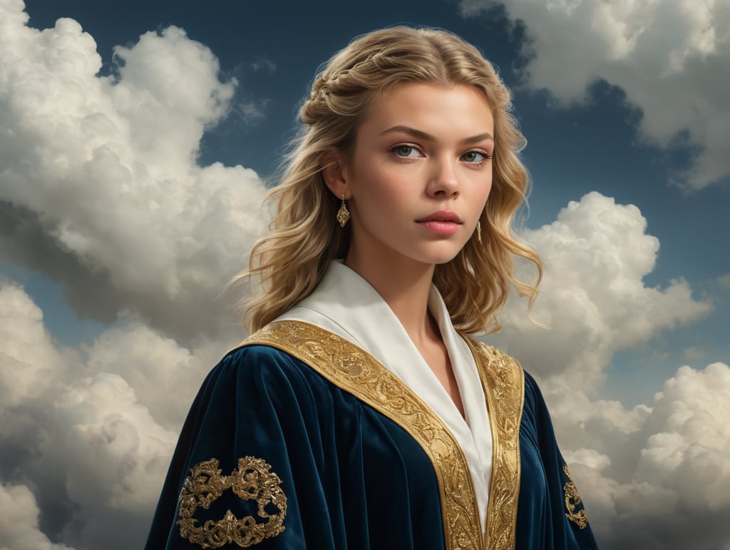 stella maxwell in graduation gown made of velvet visiting an elder in a shire white and gold marble background with clouds