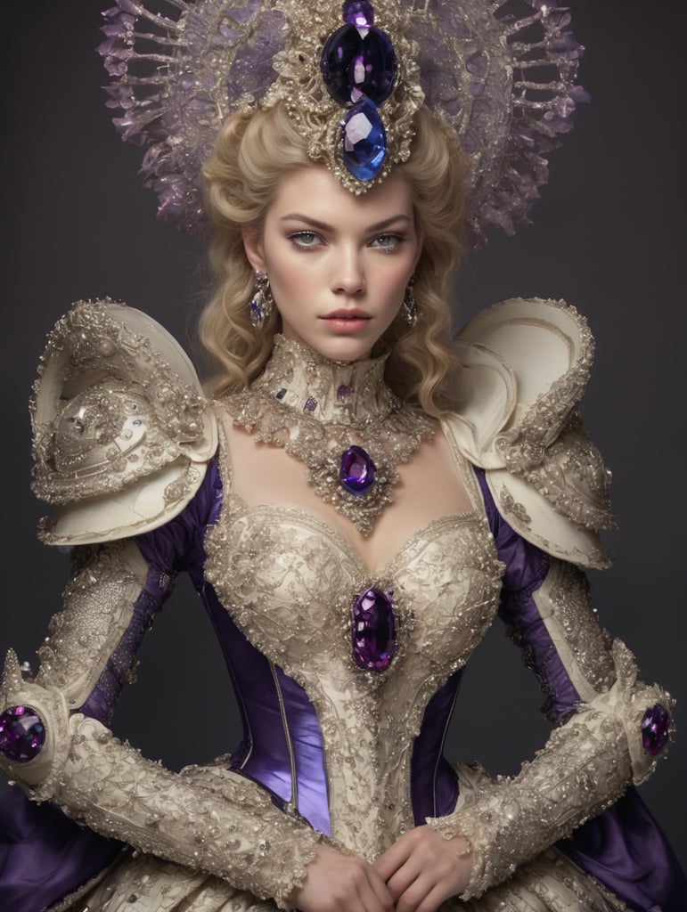 night, stella maxwell, marie antoinette, 18th century full plate ivory armor, black chainmail, purple gems crystals sapphire ornated, sallet helmet, fullbody, space, planet