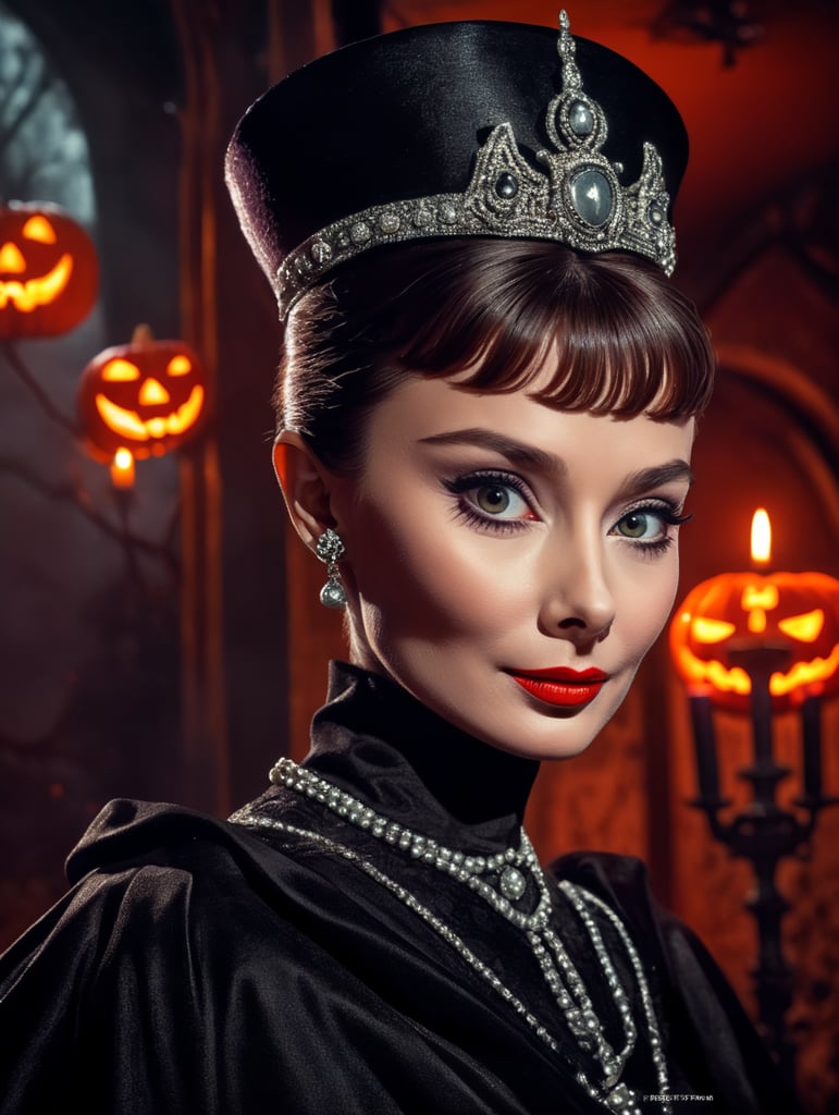 Audrey Hepburn as a creepy evil character in spooky Halloween costume, Vivid saturated colors, Contrast color