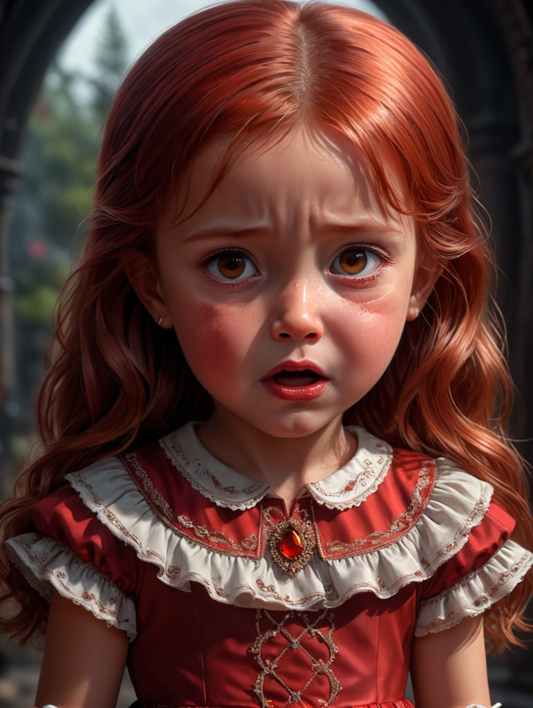 red straight haired little girl cartoon with brown eyes and red dress crying