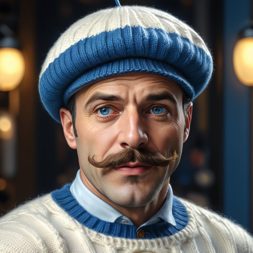 French man moustache and beret wearing a white sweater with blue horizontal stripes being chase by a big poo emoji