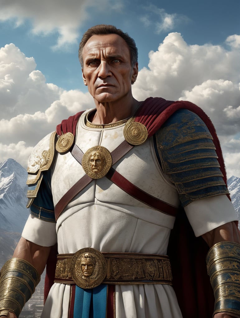 I need a strong leadership looking photo of Julius Caesar,faced forward, strong faced, piercing eyes, with an mountain and blue sky fluffy clouded background, all while wearing white greek clothing