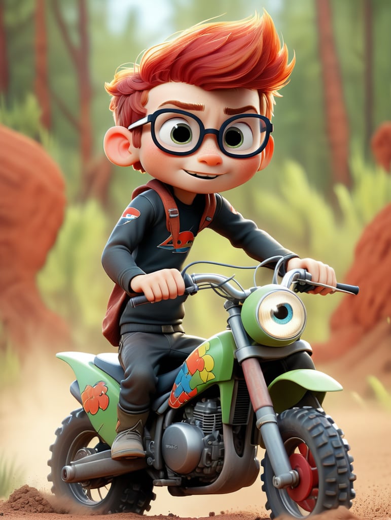 A boy with red hair and sunglasses riding a dirt bike
