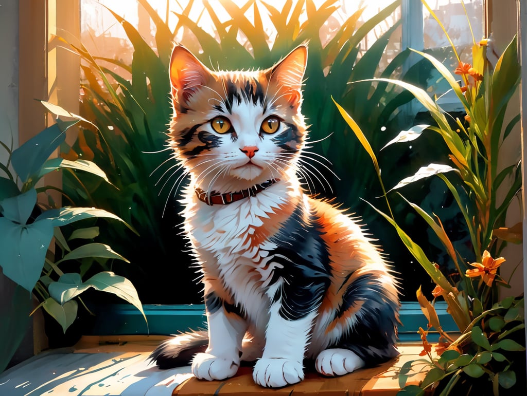 Back view of kitten sitting on a windowsill looking at a wintry garden