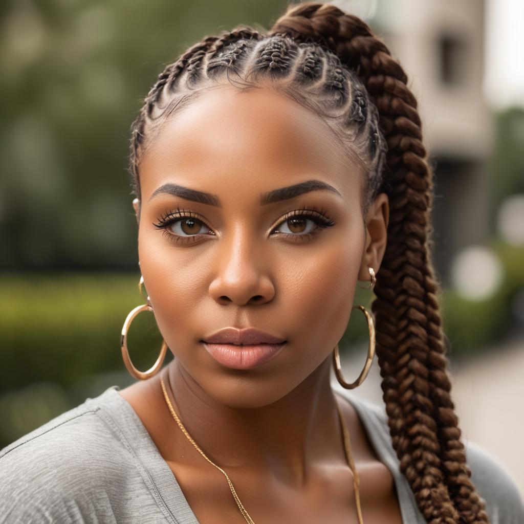 physically fit 25 year old black woman with box braids, slanted eyes and big full lips