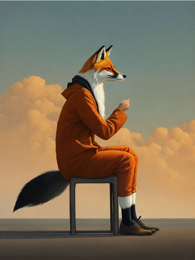 fox sitting on a chair looking to the horizon, illustration, painting, china, style of Liu Ye