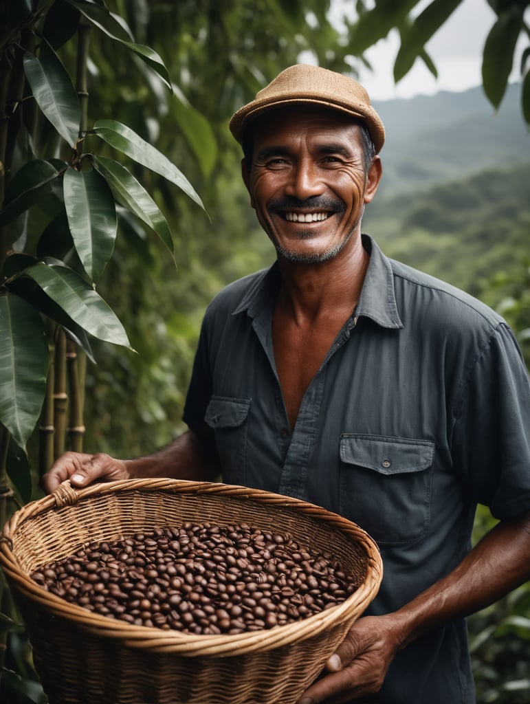 smiling brazilian coffee farmer holding coffee beans in bamboo basket, coffee lover, farm life, coffee harvesting, coffee beans, coffee plantation, fresh harvest, coffee production, handmade coffee, enjoying coffee,