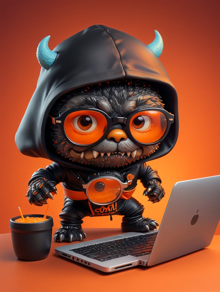 mascot monster typing laptop, a cute mascot character wearing black hoodie and glasses, orange color, funko pop, vibrant gradient background,