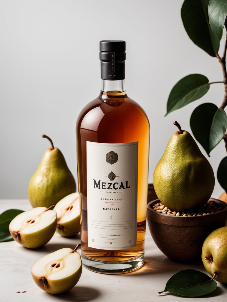 Packaging and branding for a mezcal brand as if it had been designed by HI ESTUDIO with In a set design with bricks, pears and dry leaves.