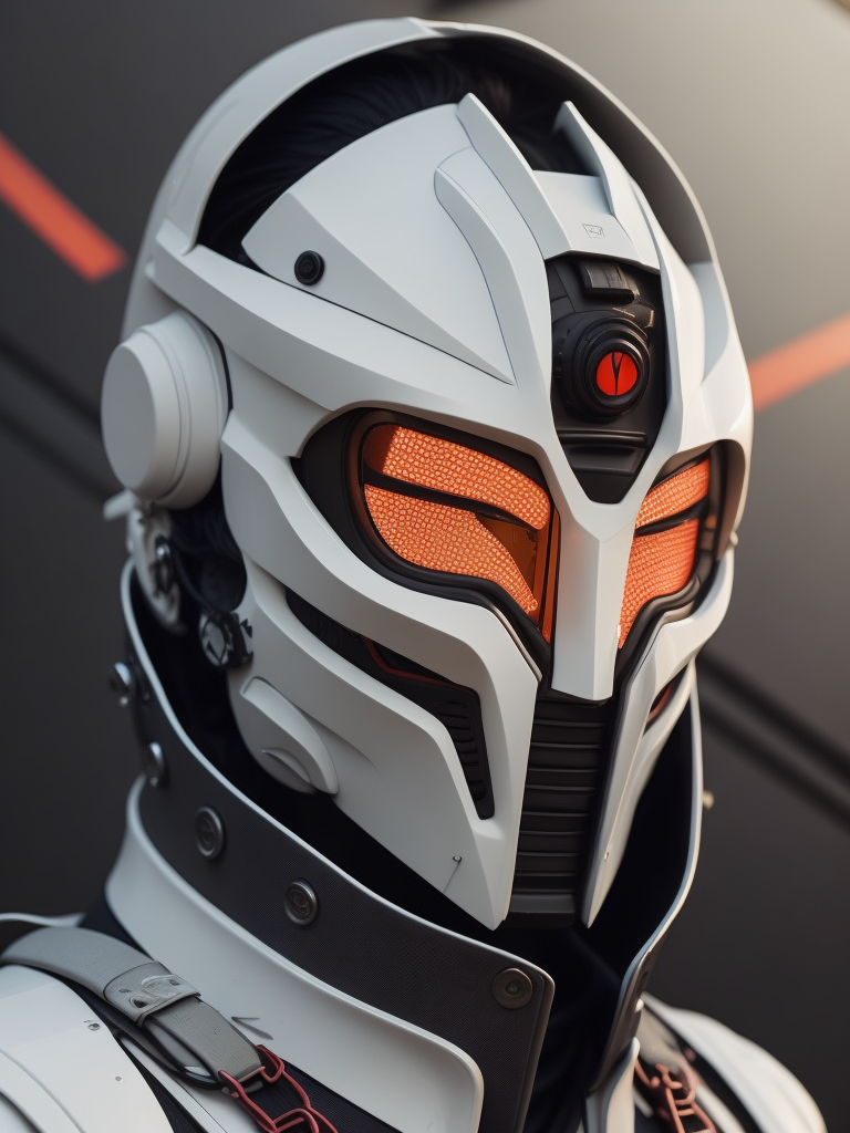 an android wear a mask that is white with red eyes, in the style of cyberpunk realism, concept art, mecha anime, matte photo, distinctive noses, realistic chiaroscuro, close-up