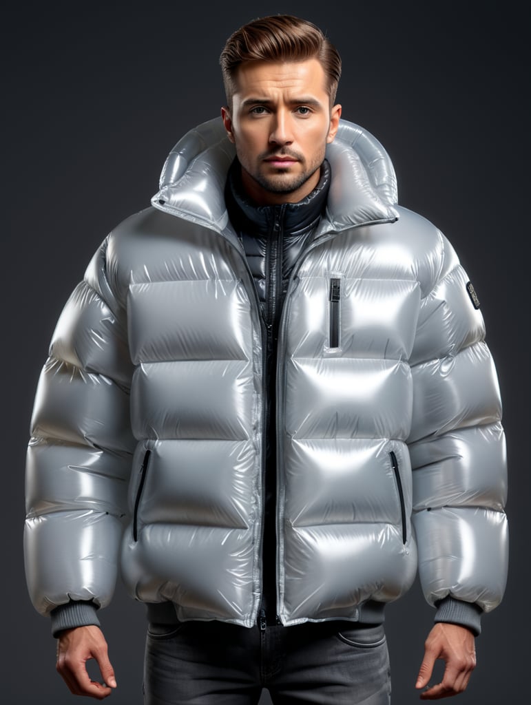 Inflatable white minimalist man's puffer jacket, transparent, isolated, grey background, mockup