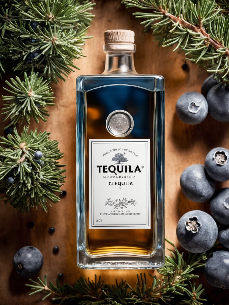 professional photography of a square gin bottle, square bottle, surrounding a juniper and juniper berries, one shot of tequila, salt, no label, clear, mockup