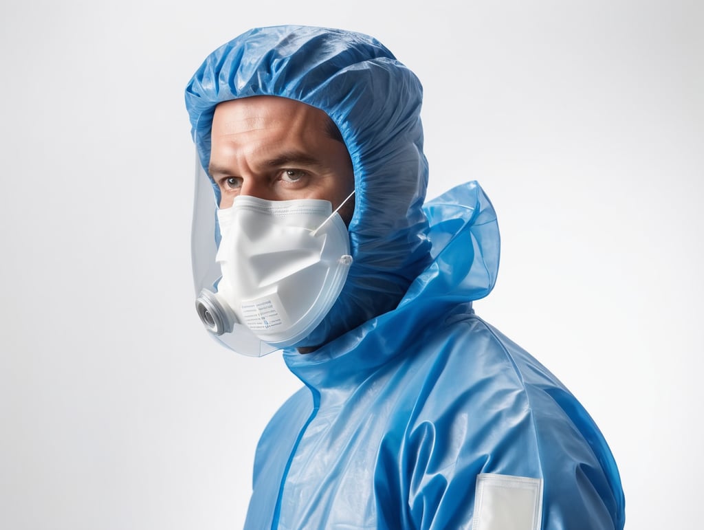 A realistic photo of a man wearing blue medical protective suit, disposable coveralls with breathable fabric, isolated, white background