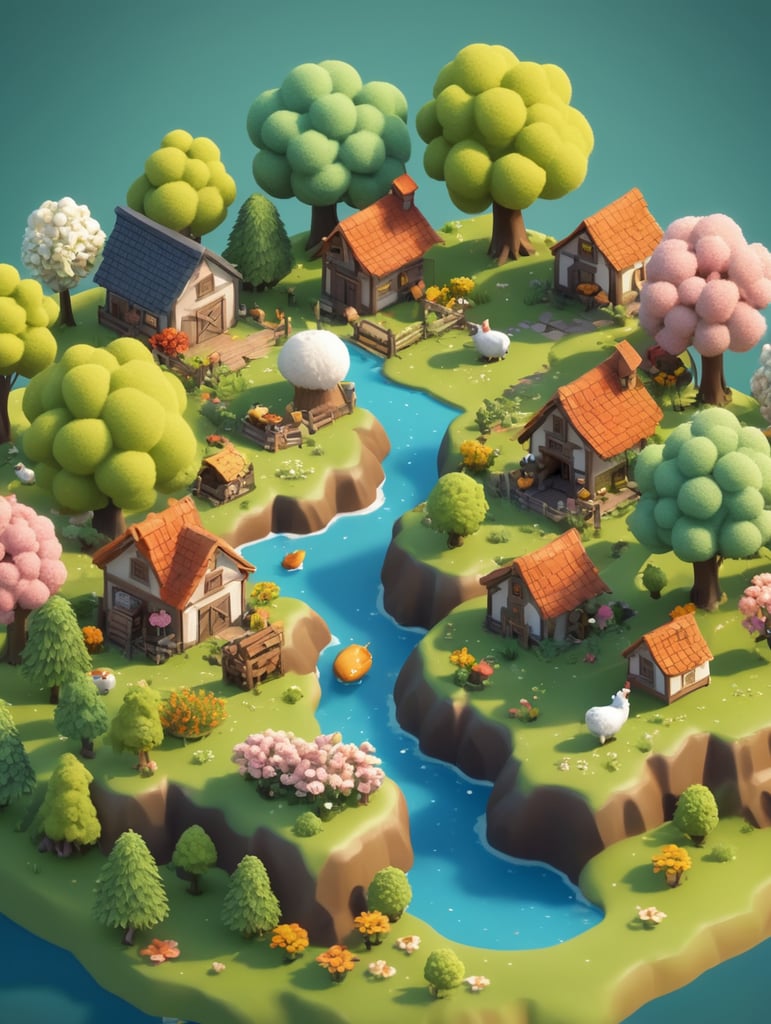 Detailed 3d farm island, fluffy trees, animals, working people, cute creatures, gathering place, flowers, game art style, 3d model, blender modeling, stylized, isometric, tinye style, cute, postcard style, miniatures