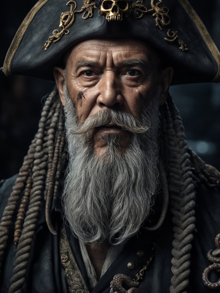 old pirate with octopus beard, dark scene, dark atmosphere, epic shot, sharp on details