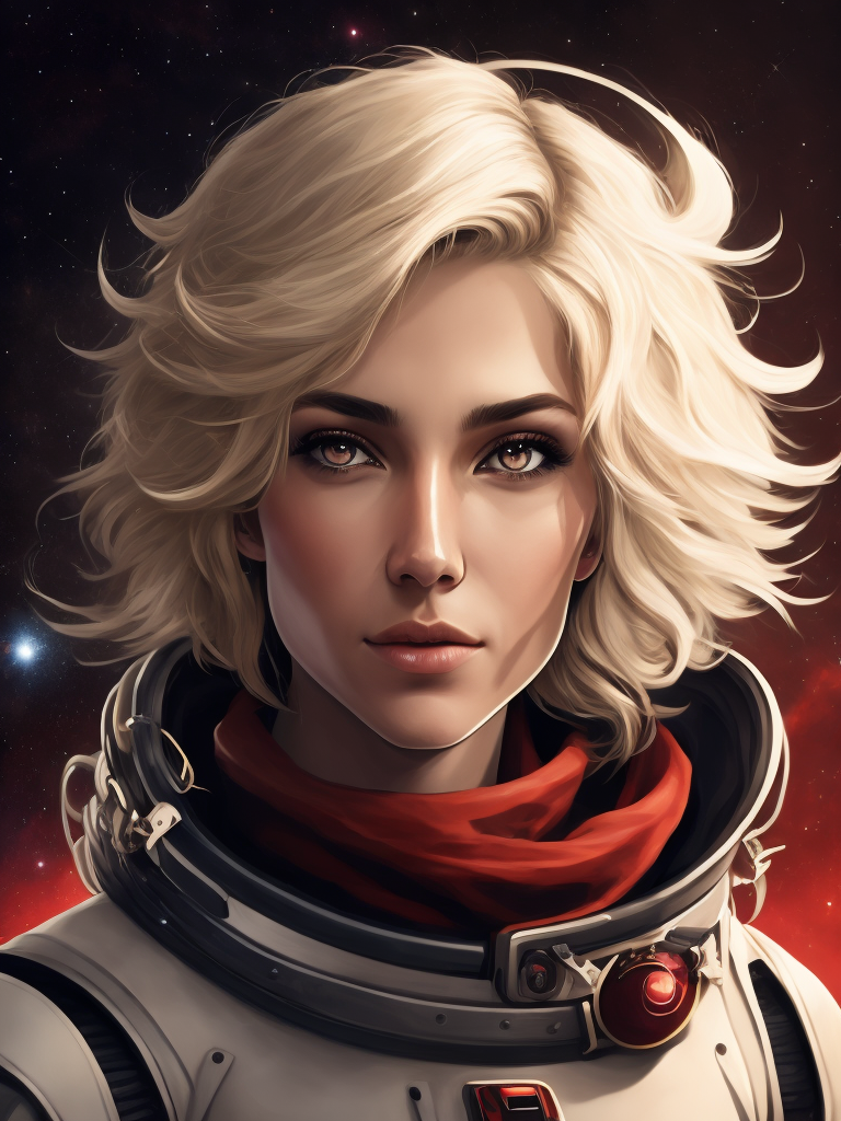 Highly detailed portrait of a hopeful pretty astronaut lady with a wavy blonde hair, by jamini roy, 4k resolution, nier:automata inspired, bravely default inspired, vibrant but dreary but upflifting red, black and white color scheme! space nebula background