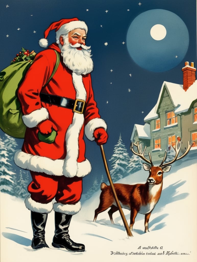 Illustration of a Santa in the style of Donald Fraser Gould McGill and a Bamforth postcard