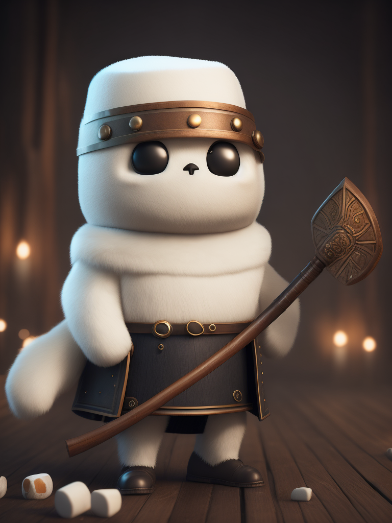 Cute marshmallow warrior illustration holding a wooden fork and a wooden shield