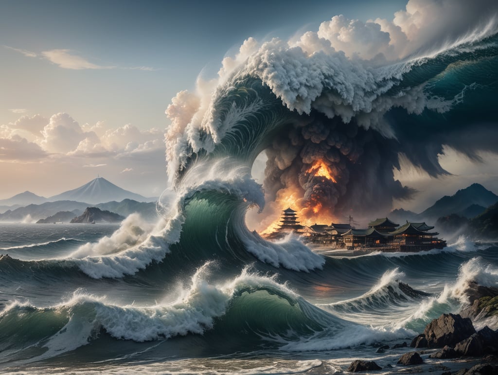 Epic photograph of an earthquake in Japan, large waves, destruction, fire, in the style of Aivazovsky