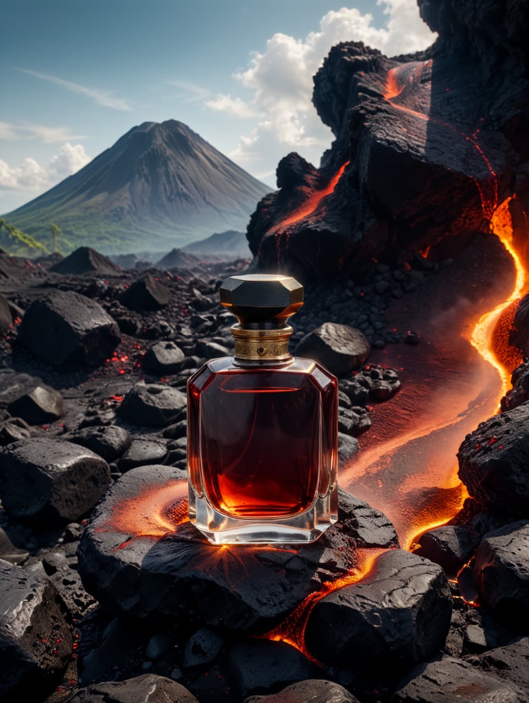 professional photography of a luxury perfume, on a volcanic lava, red satin scarf and lava on the background, no label, clear, mockup